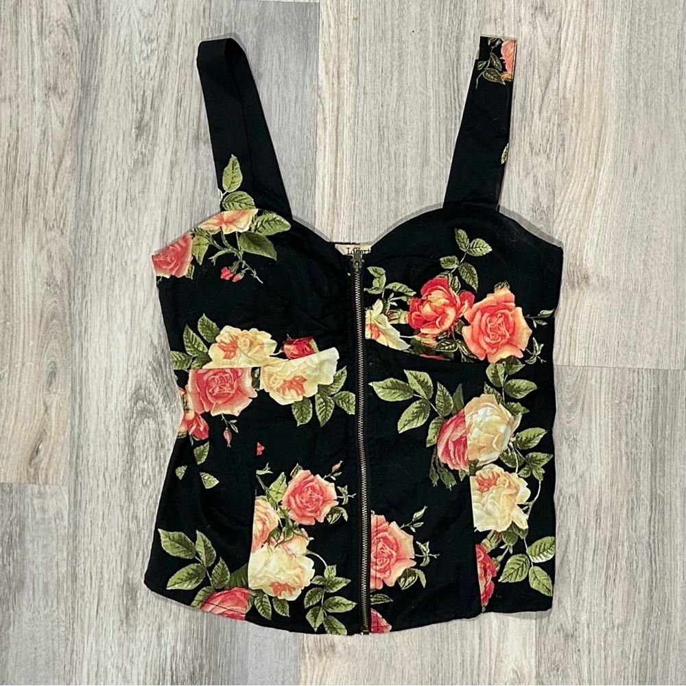 Liberty Love Zip Up Front Corset Tank Top Black Floral Sweetheart Shirt Size S